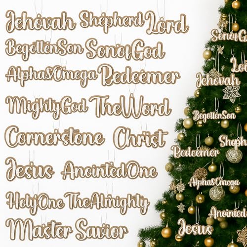 Jesus Name Ornaments Set 25 Wooden Christmas Decorations - Religious Tree Charms