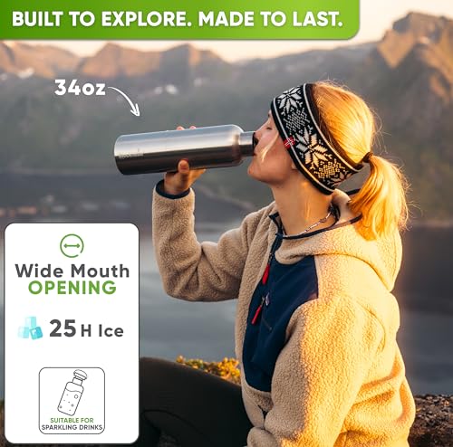 34 oz Stainless Steel Water Bottle - Wide Mouth Insulated Canteen for Cold Drinks - Silver