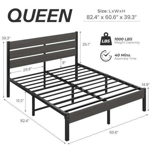 Queen Bed Frame with Headboard and Footboard - All-Metal Support, Rustic Grey - Variation of THIS listing