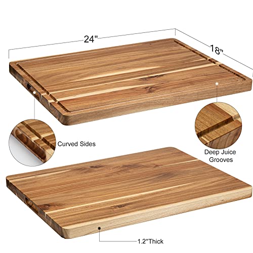 Acacia Wood Cutting Board 24x18 Inch - Large Food-Grade Butcher Block with Juice Groove & Handles
