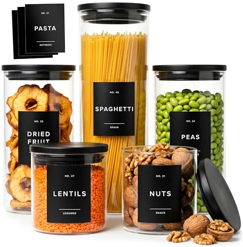 EDELHAUS 5 Pack Glass Pantry Storage Jars with Black Lids & Labels - Airtight Food Containers