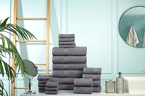 HILLFAIR 24-Piece Cotton Bath Towel Set - Platinum, Includes Oversized & Hand Towels