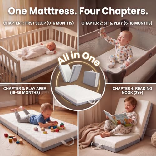 Grey Bi-Fold Memory Foam Pack and Play Mattress Pad 38x26x3 for Baby Cribs
