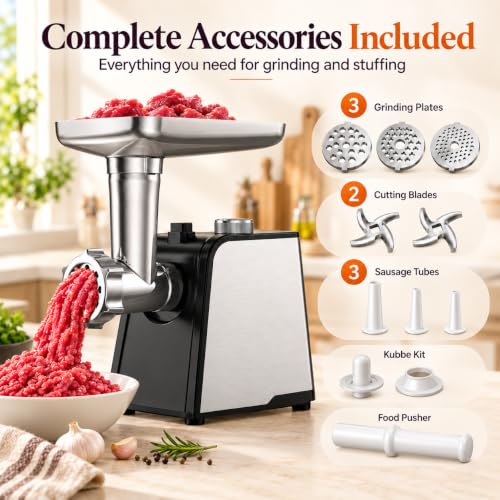 Electric Meat Grinder 3200W with Sausage Tubes & Kubbe Kit - Black