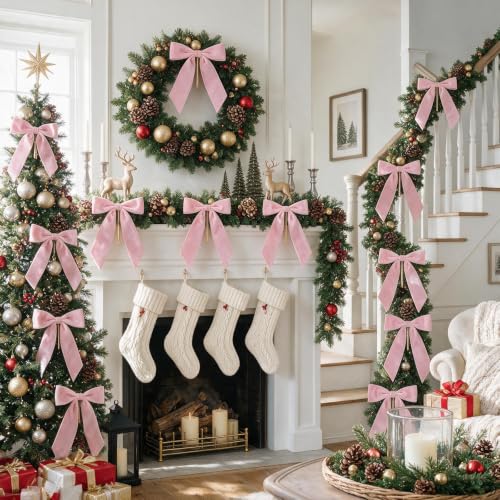 Jobkoo Pink Velvet Christmas Bows Set - 24 Pre-Tied Holiday Tree Decorations