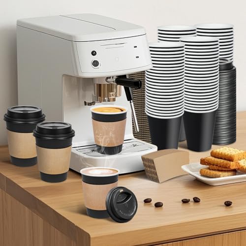 Ginkgo 12 oz Disposable Coffee Cups with Lids & Sleeves - Pack of 100