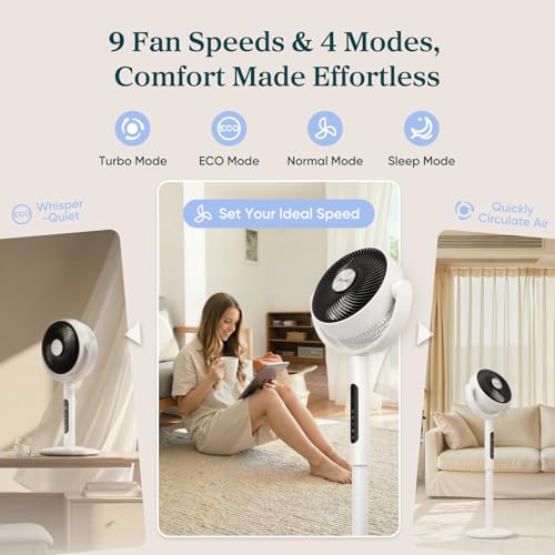 Levoit Plus Standard White Standing Fan for Bedroom, 120° Oscillating, Quiet 20dB