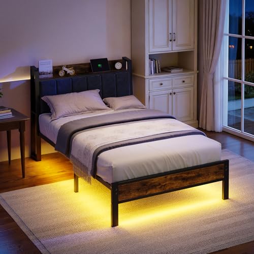 Twin Size Bed Frame with USB Charging Station & Smart LED Lights - Gray Upholstered Headboard
