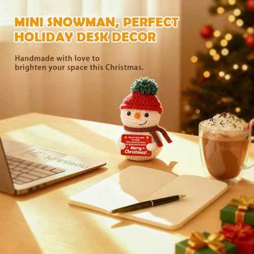 Crochet Snowman Decor, Merry Christmas Stocking Stuffers for Women Men, Holiday Secret Santa Gifts for Coworker, Small Cute Christmas Desk Table Decorations
