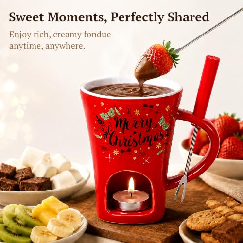 Umcnoi Red Chocolate Fondue Mug Set - Ceramic Fondue Cup, Tea Light Warmer