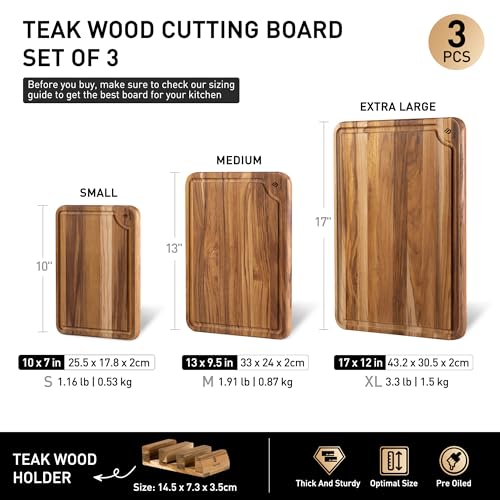 Multi-Size Teak Cutting Board Set - 3 Pack with Holder - Non-Toxic Kitchen Wood Boards