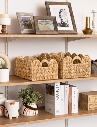 Natural Water Hyacinth Wicker Basket Set - Scalloped Edge Handwoven Storage Baskets with Handles - 15x11 Inches (Variation: Natural Water Hyacinth)