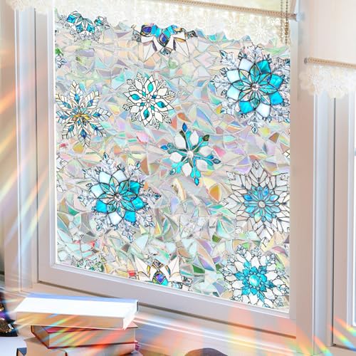 Niviy Christmas Window Clings 16.93 x 39.37in – Stained Glass Snowflake Film, Static Cling, Rainbow Shadows, Indoor/Outdoor Holiday Decor
