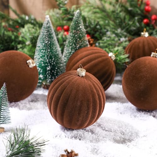 Syhood 16 Pcs 4 Inch Brown Velvet Christmas Ornaments - Holiday Tree Decor