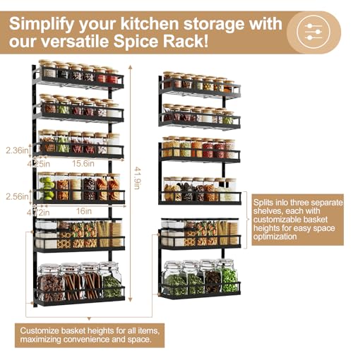 Wall-Mounted Spice Rack Organizer - 6-Tier Adjustable Shelves with Mixed Baskets - Black / 6x 4.6"D