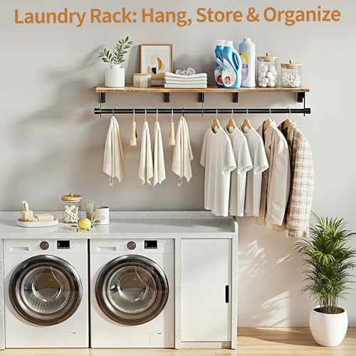 Wall Mount Clothes Rack with Wooden Shelf - Black + Brown, 43.3 Inch