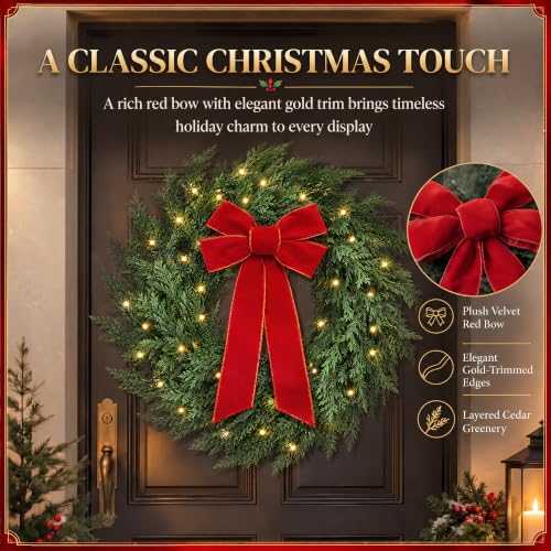 Presentastic 26 Inch Green Cedar Pine Christmas Wreath Pre-Lit with Red Velvet Bow