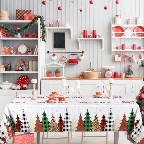 Preboun 3-Piece Christmas Tablecloth Set with Tree Pattern, Waterproof Plastic Covers