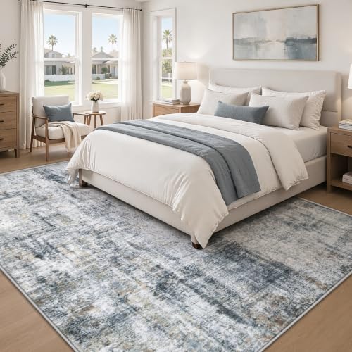 6x9 Washable Area Rug - Abstract Neutral Non Slip Indoor Carpet for Dining & Bedroom - Multi Blue
