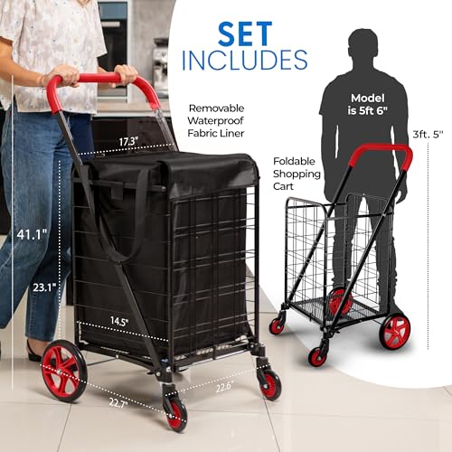 Large Folding Utility Shopping Cart with Removable Liner - Heavy Duty, Red