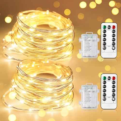 WdtPro Fairy Lights Battery Operated with Remote, 33Ft 100 LED Battery Powered String Lights with Timer, Outdoor Waterproof 8 Modes Twinkle Lighting for Bedroom Indoor Christmas Decor Warm White, 2P