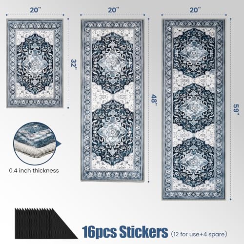 Ufeekare Blue 3-Piece Kitchen Rug Set Non-Slip Washable 20x32/20x48/20x59