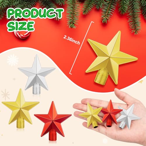 15Pcs Small Christmas Tree Topper, Mini Tree Topper Stars, 2.36 Inch Christmas Red Gold Silver Star Trees Top for Xmas Holiday Trees Ornament Home Decor
