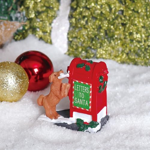 Decorative Christmas Village Accessories for Collection, Resin Dog Santa's Mailbox Animal Ornament 2.4 Inch, Cute Doggy Statues Villages Sets Decor Indoor