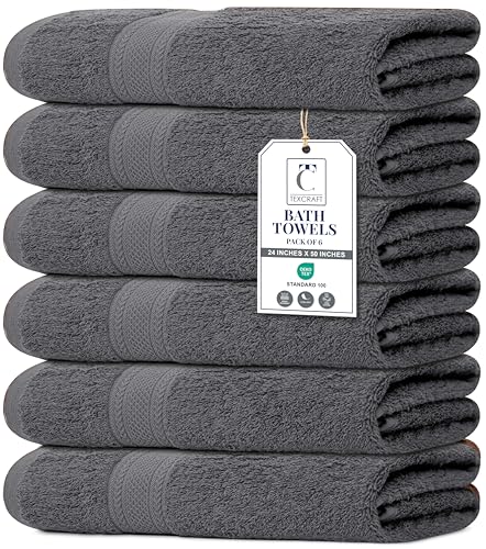 Charcoal Grey Bath Towel Set of 6 - 24x50 Inch 100% Cotton Quick Dry & Absorbent