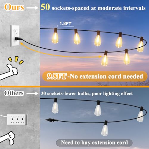 Outdoor String Lights 100FT Black Wire 52 Bulbs Waterproof Patio Decor