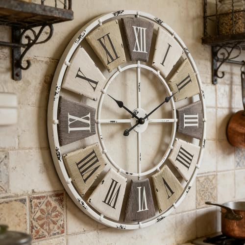Elegant Scale 32-Inch Distressed Metal Wall Clock with Roman Numerals – Farmhouse Decor