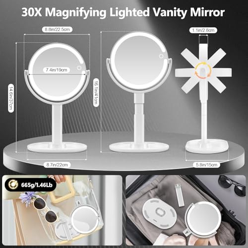 MIYADIVA White Makeup Mirror with Lights, 30X Magnification, Touch Control, Rechargeable Vanity Mirror with 3 Light Colors & 80 LEDs