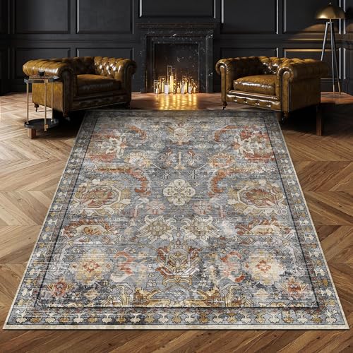 RUGSURE Washable Area Rug 8x10 ft Vintage Tribal Turmeric & Grey Non-Slip