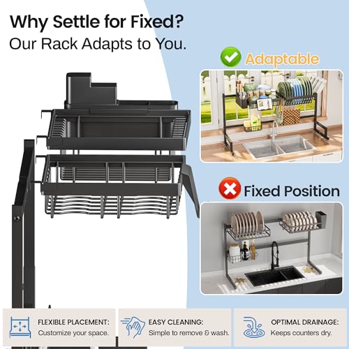 Black Over The Sink Dish Drying Rack 22.6-35.5" Expandable 2-Tier Kitchen Organizer