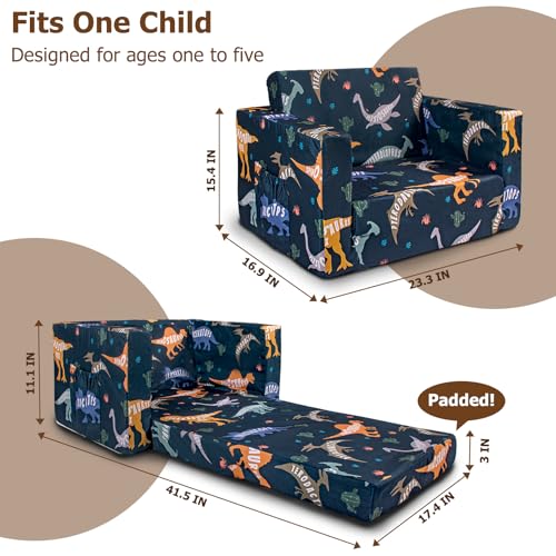 Kids Couch Dinosaur 2-in-1 Foldable Toddler Sofa & Bed for Play & Rest