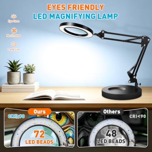 KIRKAS 12X Magnifying Glass with Light & Stand, Black, 9.06in Clamp & Base