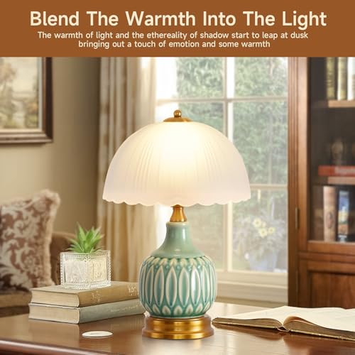 Retro Ceramic Table Lamp 15" Green Glass Shade for Living Room & Bedroom, WELAISA