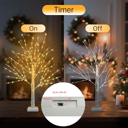 FastDeng 24 Inch Birch Tree with 144 LED Lights - Twinkling Indoor Christmas Decor - 2 Pack, USB/Battery Powered, Timer, Warm White