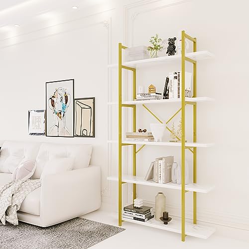 White Faux Marble 5-Tier Ladder Bookcase - Modern Open Shelving Unit for Home & Office