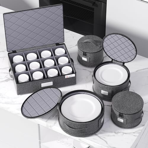 YearningHome 5 Pack Quilted China Storage Containers Hard Shell Dish Organizer Set