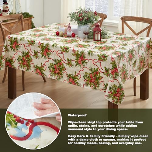 Newbridge Holly Traditions 60 x 102 Inch Rectangle Vinyl Tablecloth with Flannel Backing