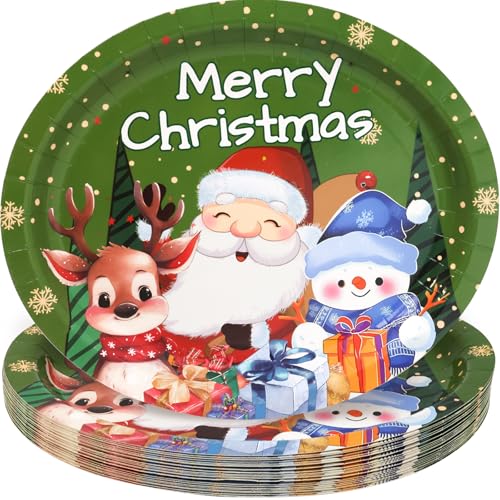 Christmas Paper Plates 24 Pack - Santa, Snowman & Holiday Themed Serving Plates