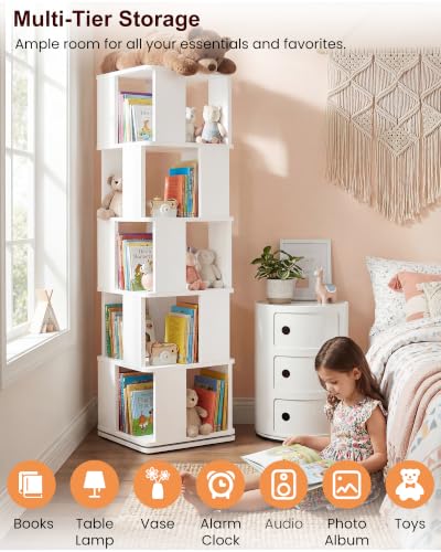 White 5-Tier Rotating Bookshelf Tower, 360° Spinning Book Shelf