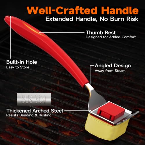 Bristle-Free Grill Brush with Heat-Resistant Kevlar Fiber Head, Red