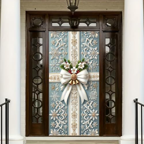 Christmas Door Cover Elegant White Bow Flowers Gold Bells 71x35 Inch - TOMHONG, Variation: Christmas Elegant Bow