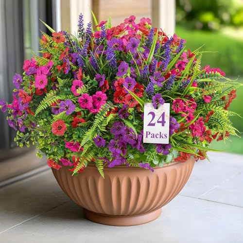 Artificial Flowers Pack - UV Resistant Faux Eucalyptus, Lavender & Spring Blooming Plants for Outdoor & Indoor Decor