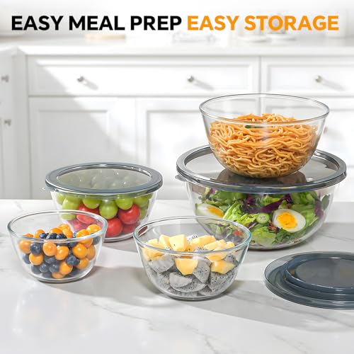 Glass Mixing Bowls with Lids Set of 5 - Transparent - Nesting Kitchen Bowls for Baking Cooking Storage