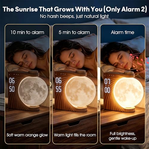 Wood Grain Sunrise Alarm Clock with Night Light & White Noise Machine - Dual Alarms for Heavy Sleepers