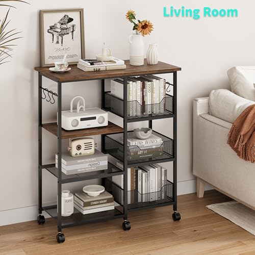 HapiRm Brown Rolling Kitchen Cart with Storage, Microwave Stand, 6 Hooks & 3 Baskets