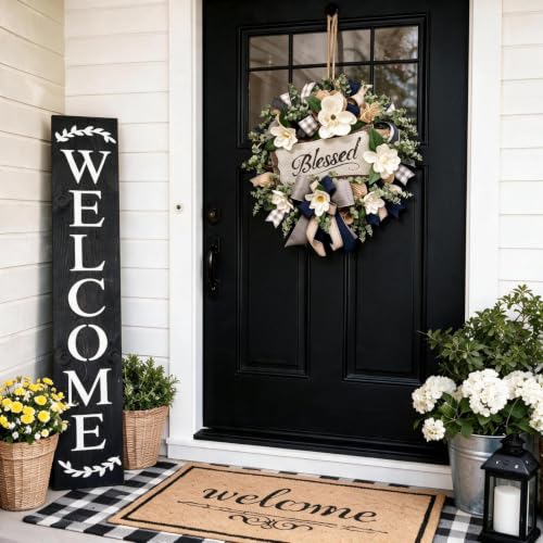 Farmhouse White Floral Wreath for Front Door & Porch Décor, 22in Spring Summer Decor